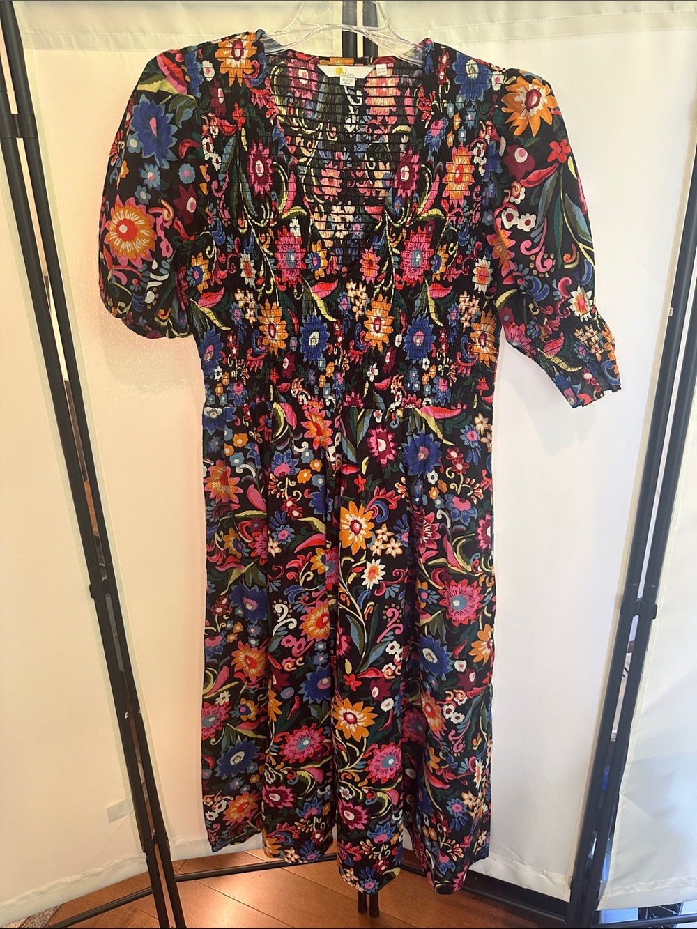 Boden Boden Black Floral Smocked Midi Dress with Multicolor Blooms